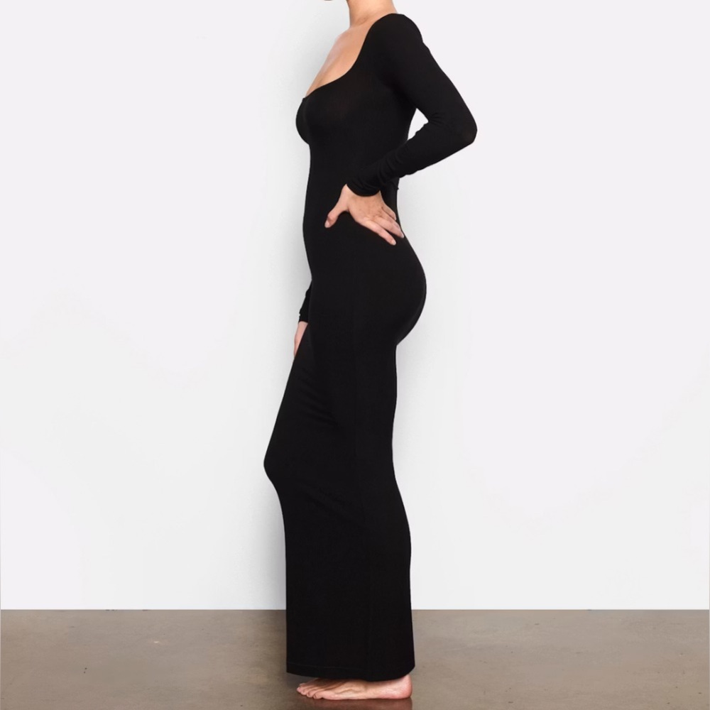 Skims Soft Lounge Long Sleeve Maxi Dress Square Neck Black Onyx Large Stretchy - Picture 7 of 7